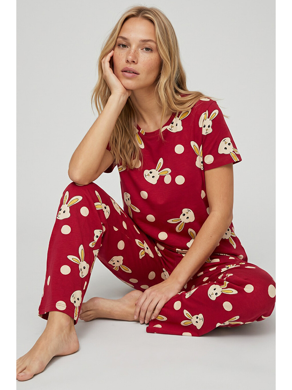 Bordo Tavşan Desenli Pamuklu Örme Pijama Takım-1