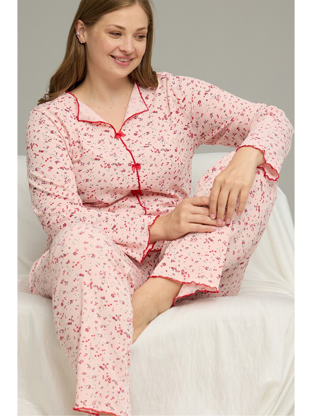 Pembe Beden Battal Pamuklu Fiyonklu Fitilli Örme Pijama Takım25228001-8