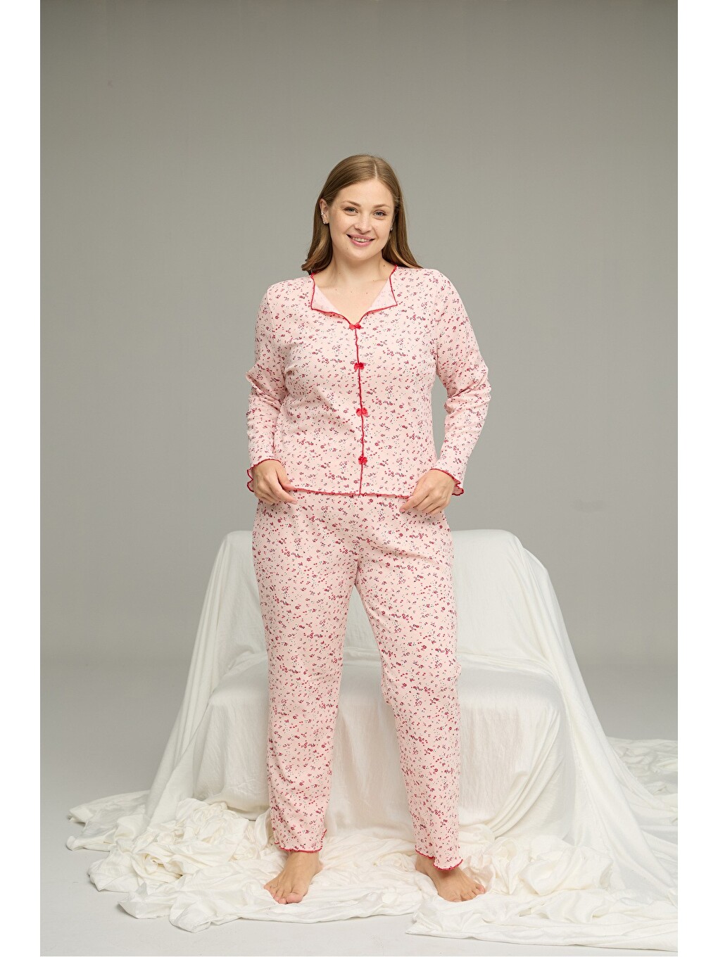 Pembe Beden Battal Pamuklu Fiyonklu Fitilli Örme Pijama Takım25228001-8-1