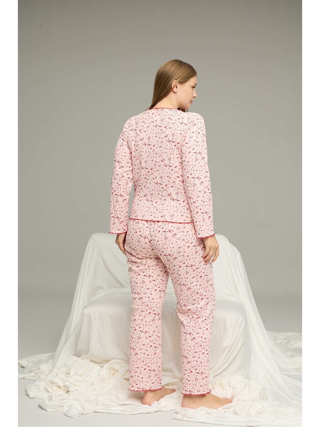 Pembe Beden Battal Pamuklu Fiyonklu Fitilli Örme Pijama Takım25228001-8-2