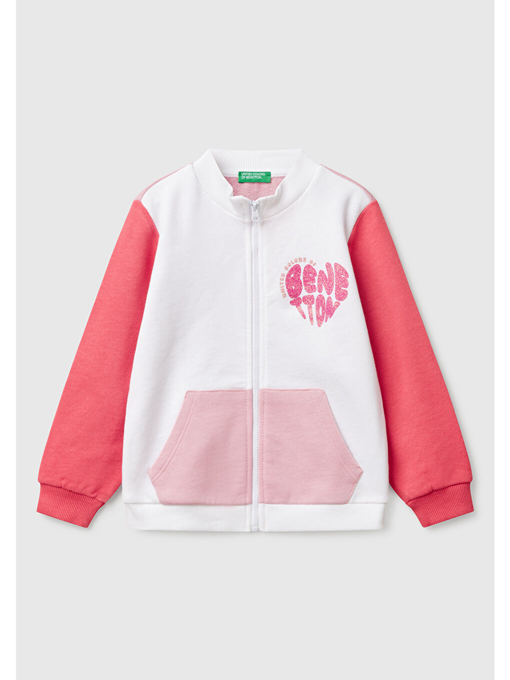 Kız Çocuk Beyaz Mix Simli Benetton Logo İşlemeli Fermuarlı Sweatshirt