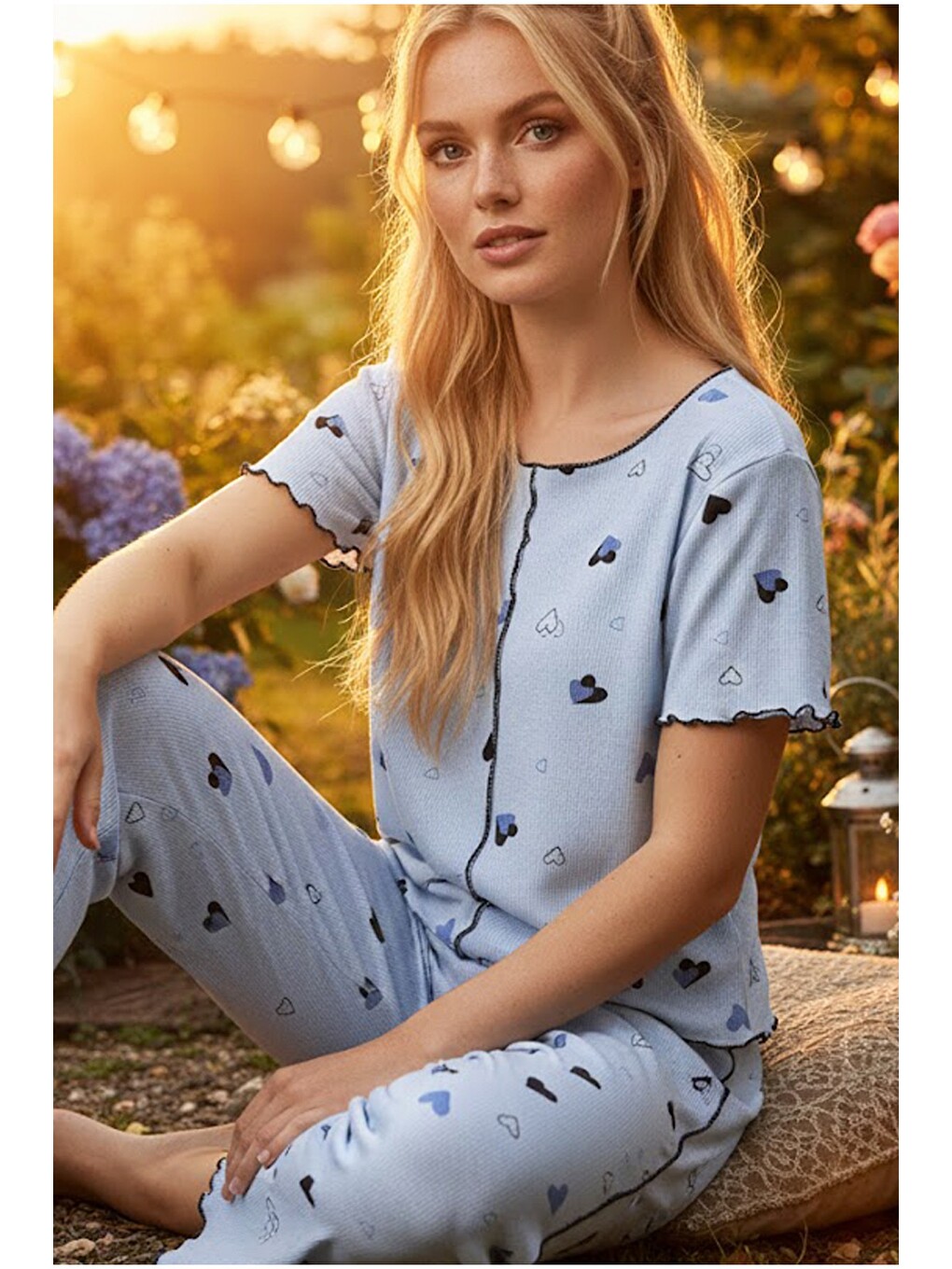 Mavi Fitilli Kaşkorse Örme Pijama Takım 26120551