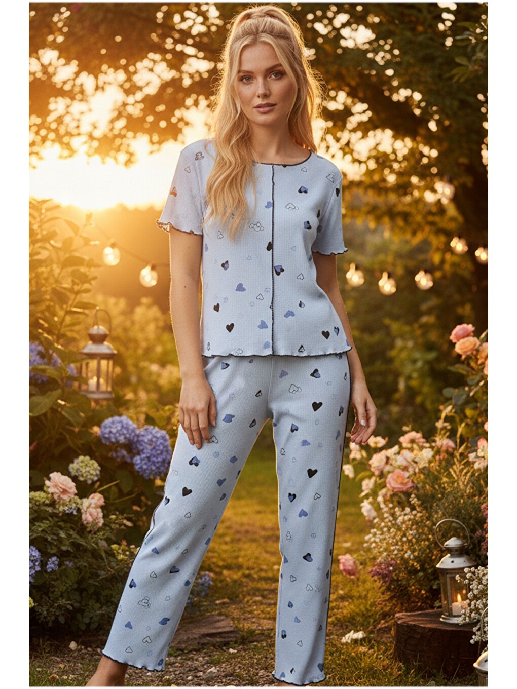 Mavi Fitilli Kaşkorse Örme Pijama Takım 26120551-1