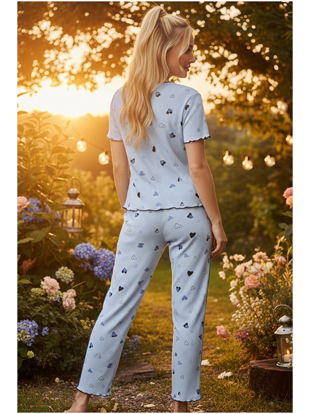 Mavi Fitilli Kaşkorse Örme Pijama Takım 26120551-2