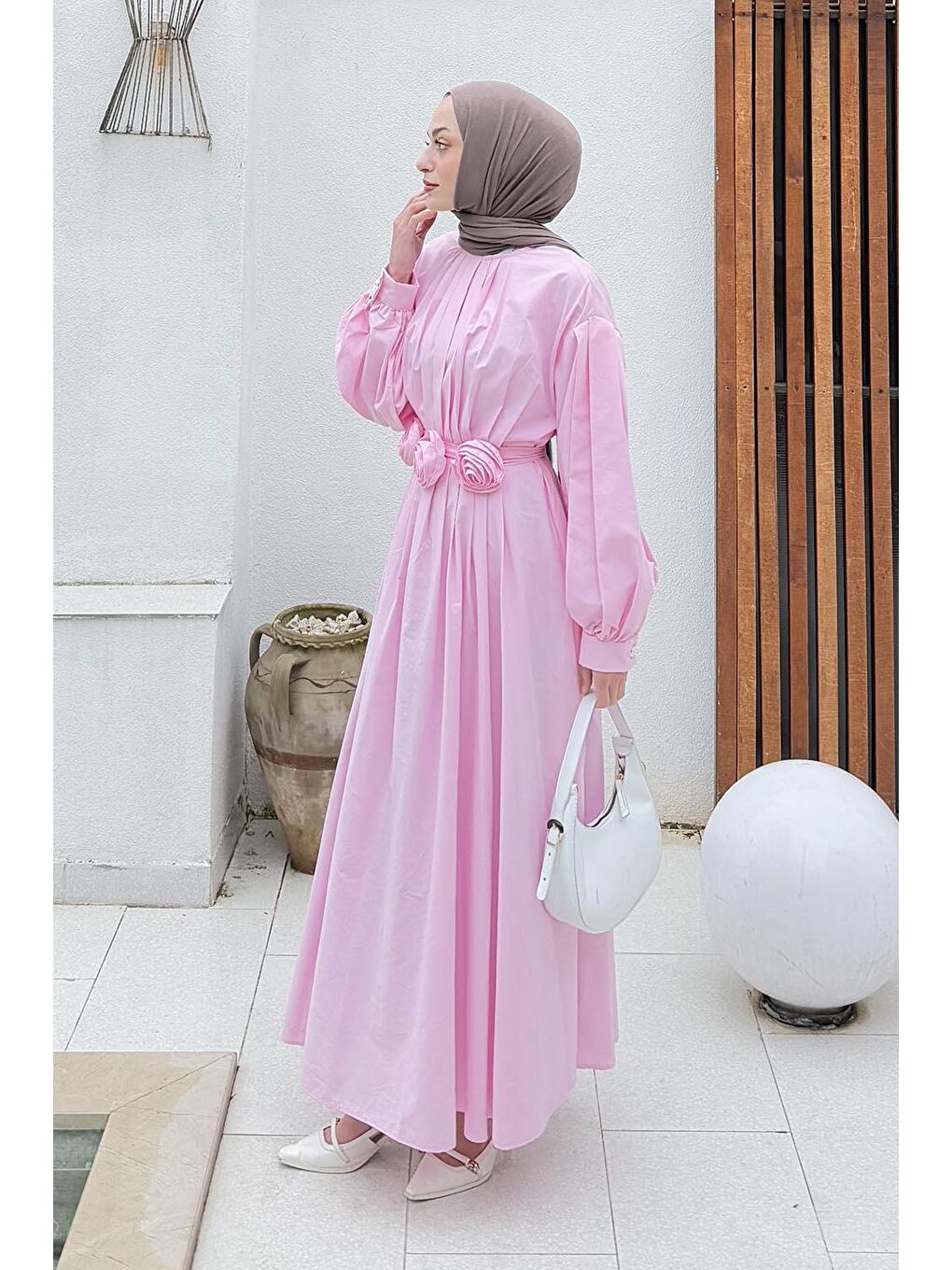 Pileli Poplin Elbise Şeker Pembesi-1