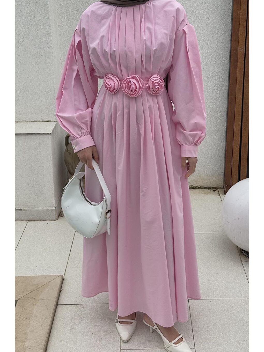 Pileli Poplin Elbise Şeker Pembesi-2