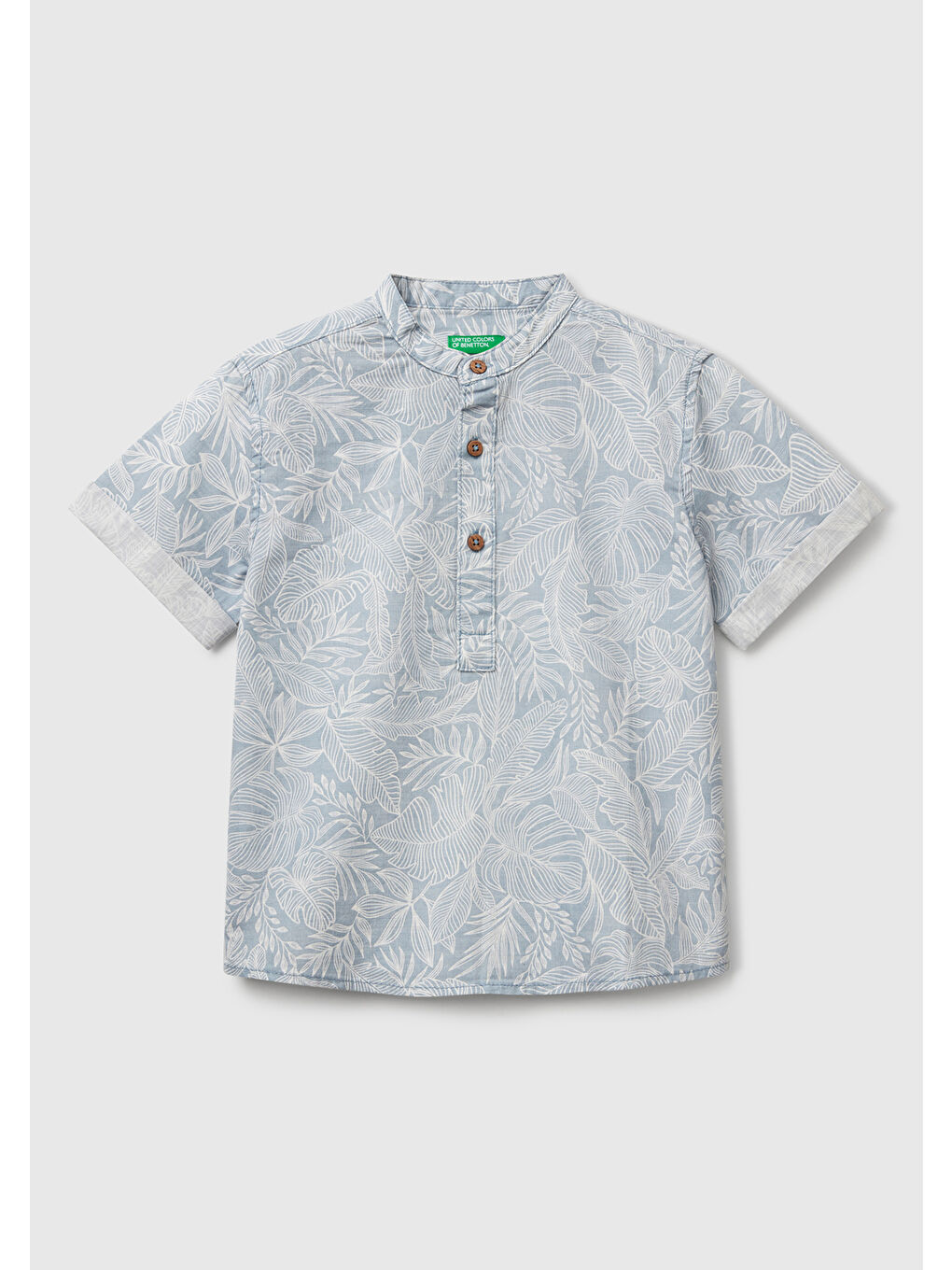 Erkek Çocuk Mavi Keten Karışımlı Tamamı Desenli Önü Düğme Detaylı Hakim Yaka Gömlek