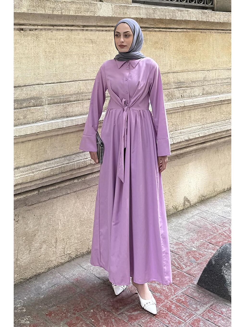 Ön Bağlama Detaylı Tesettür Elbise Mor