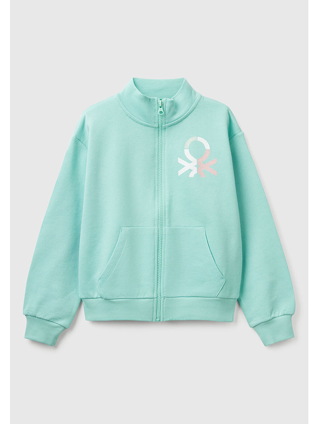 Turkuaz Kız Çocuk Su Yeşili Simli Benetton Logo İşlemeli Fermuarlı Sweatshirt