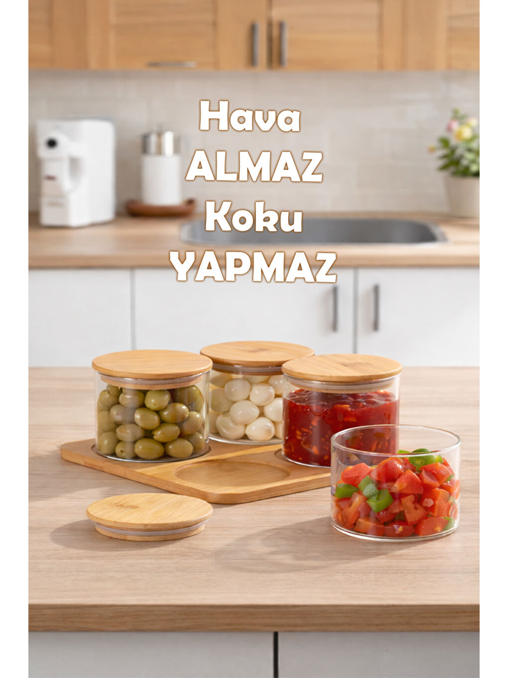 Renksiz HF009006 Yuvarlak 4lü Hava Geçirmez Bambu Kapaklı Standlı Cam Kahvaltılık Seti 250ml-1