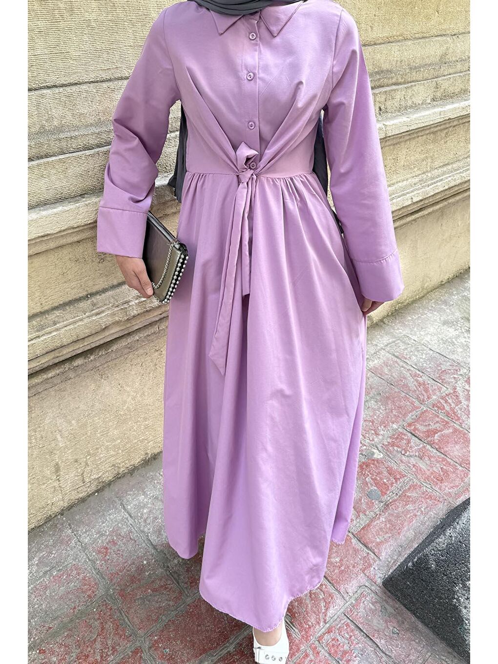 Ön Bağlama Detaylı Tesettür Elbise Mor-1