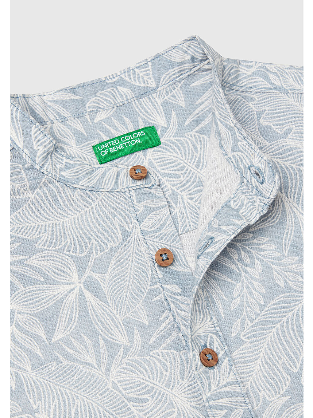 Erkek Çocuk Mavi Keten Karışımlı Tamamı Desenli Önü Düğme Detaylı Hakim Yaka Gömlek-2