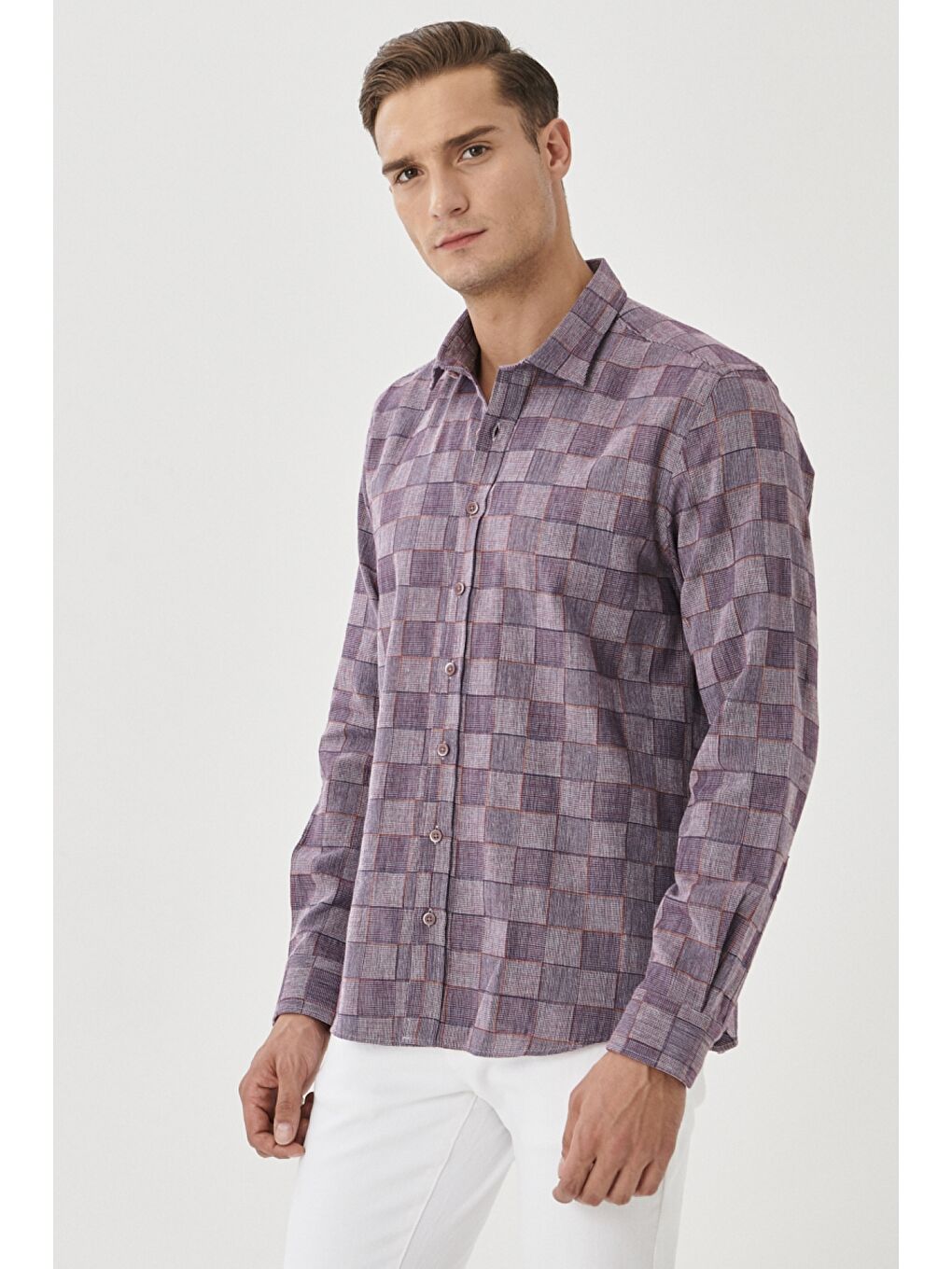 Erkek Beyaz-Bordo Slim Fit Dar Kesim Klasik Yaka %100 Pamuk Kareli Gömlek-1