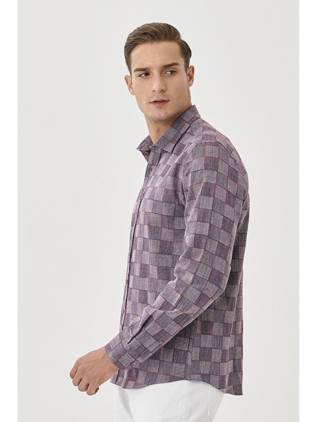 Erkek Beyaz-Bordo Slim Fit Dar Kesim Klasik Yaka %100 Pamuk Kareli Gömlek-3