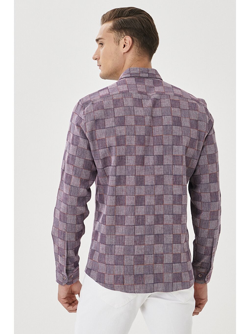 Erkek Beyaz-Bordo Slim Fit Dar Kesim Klasik Yaka %100 Pamuk Kareli Gömlek-4