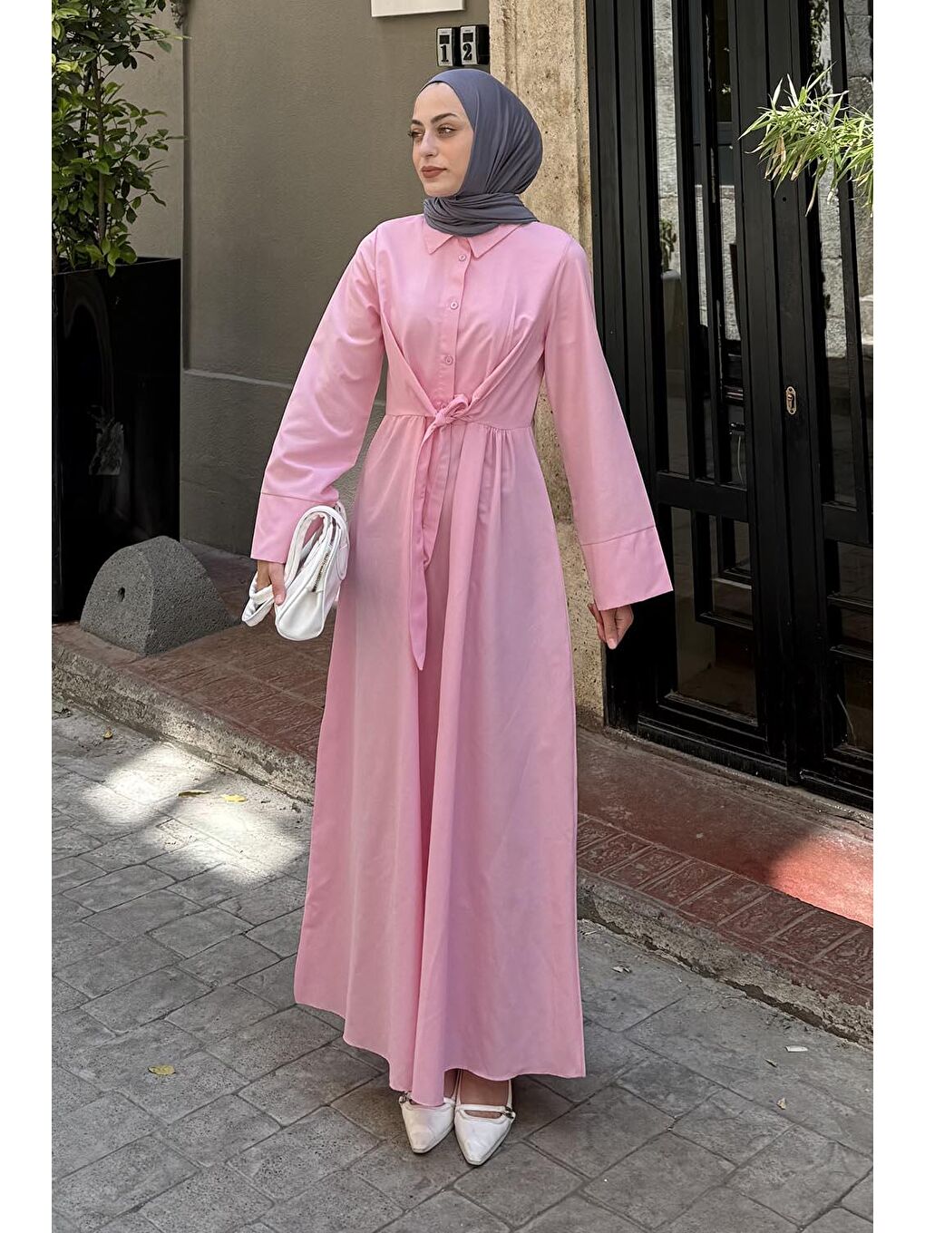 Ön Bağlama Detaylı Tesettür Elbise Pembe-2