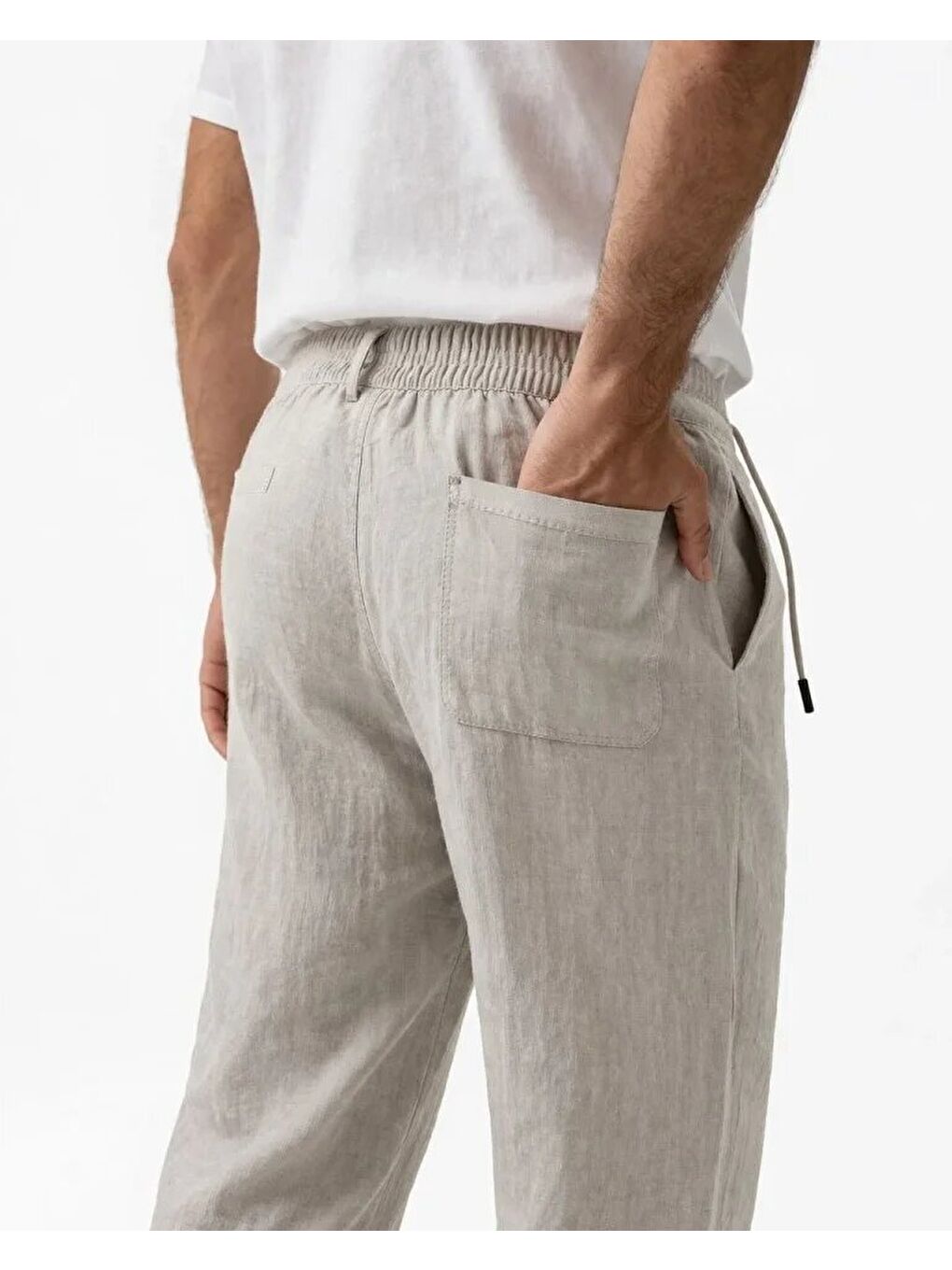 Erkek Keten Cepli Pantolon Lastikli Bel Bağcıklı Önden Fermuarlı - Gri-1