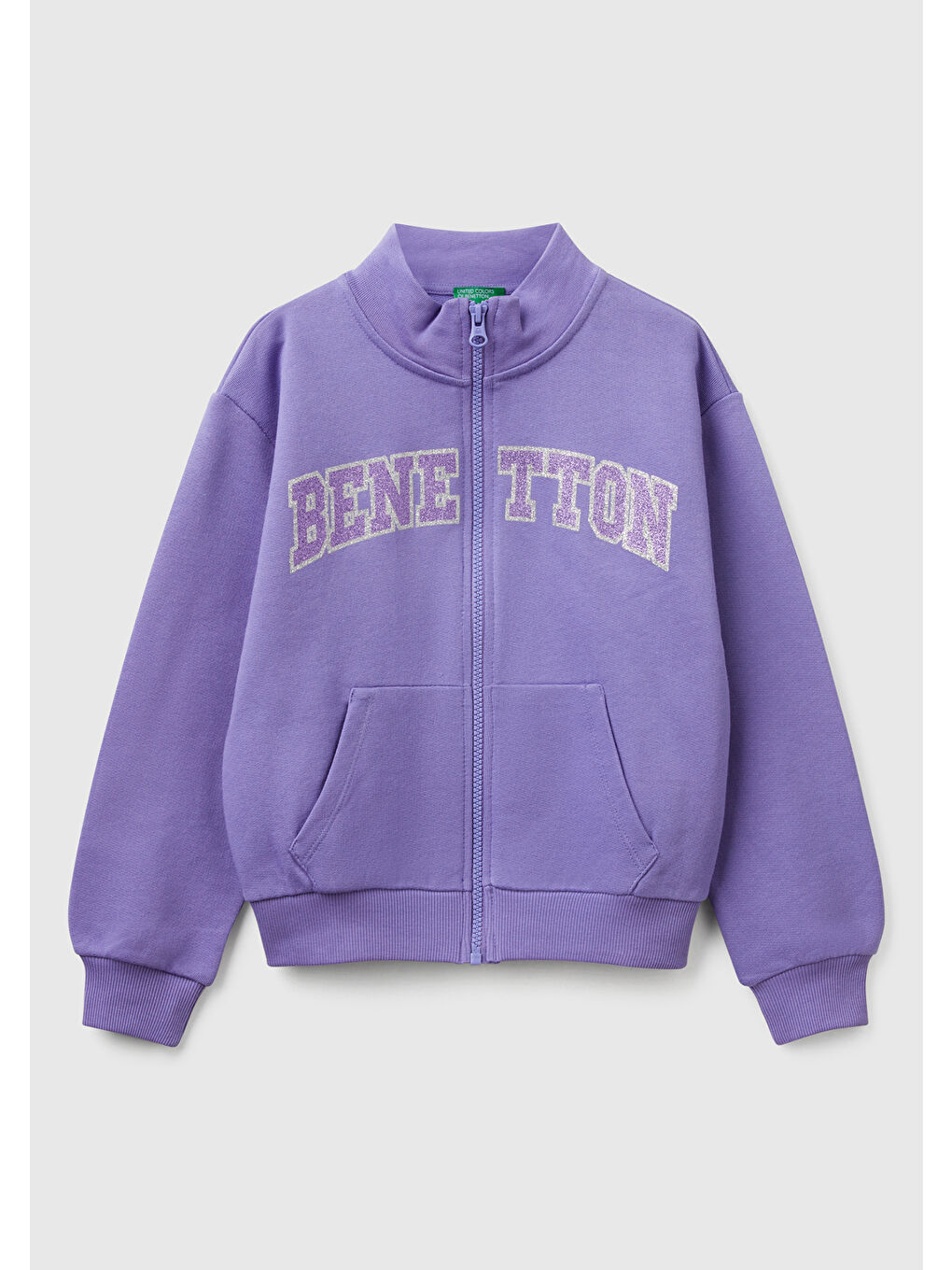 Kız Çocuk Mor Simli Benetton Logo İşlemeli Fermuarlı Sweatshirt