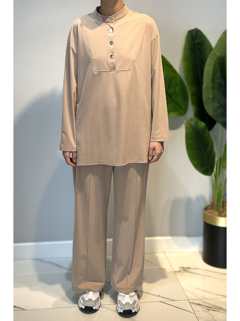 Pamuklu Zımba Detay Tunik Pantolon Takım 4437 Bej