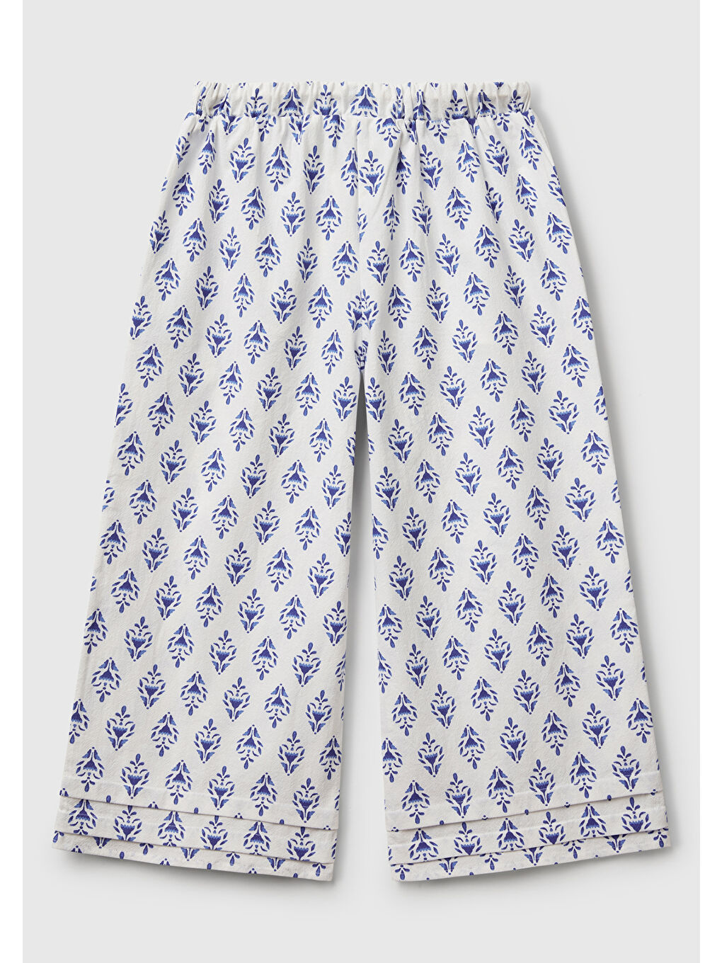 Kız Çocuk Mavi Desenli Büzgü İpli Wide Leg Pantolon-1
