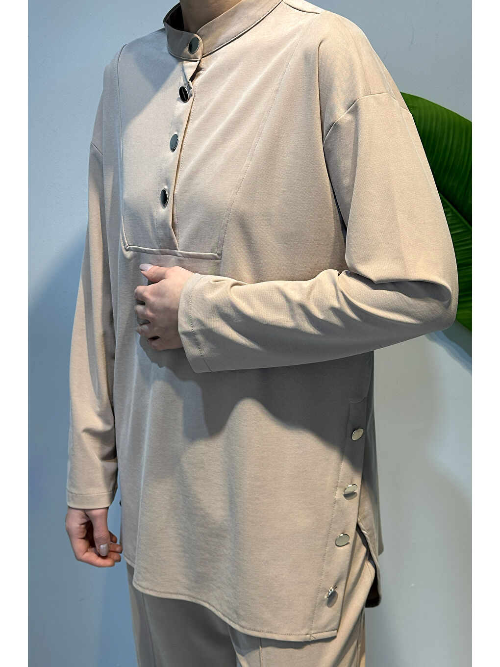 Pamuklu Zımba Detay Tunik Pantolon Takım 4437 Bej-1