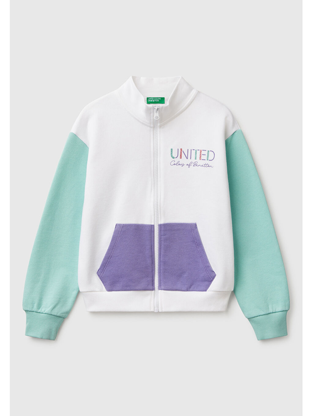 Kız Çocuk Beyaz Mix Simli Benetton Logo İşlemeli Fermuarlı Sweatshirt
