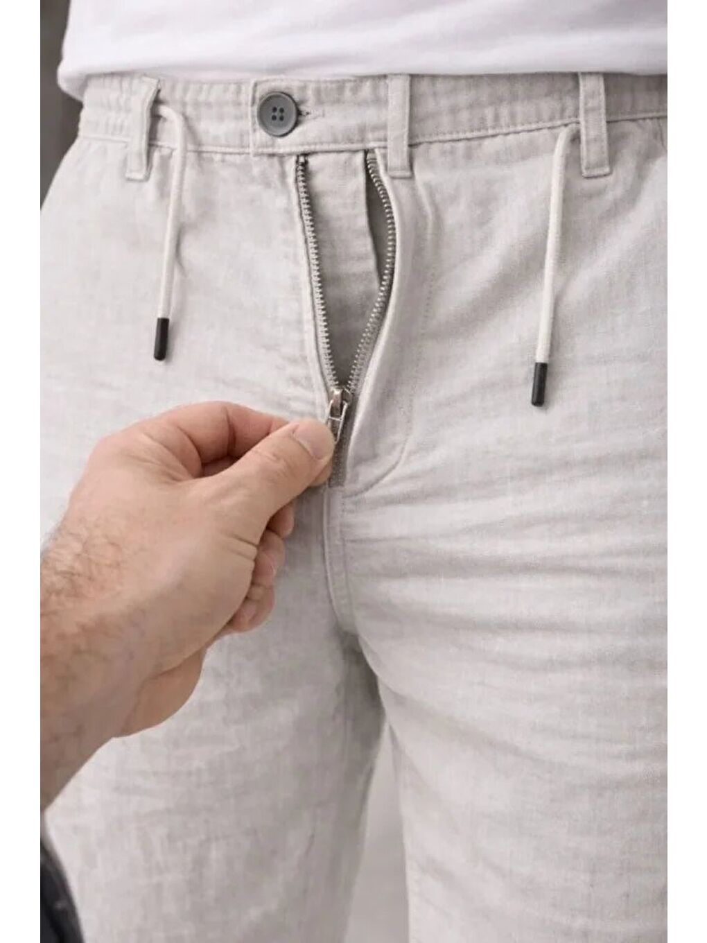 Erkek Keten Cepli Pantolon Lastikli Bel Bağcıklı Önden Fermuarlı - Gri-2