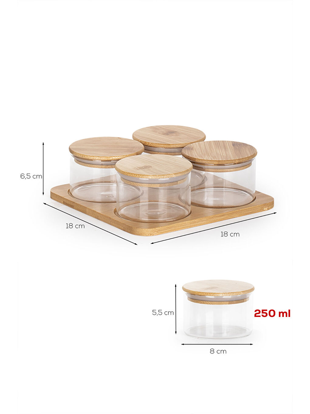 Renksiz HF009006 Yuvarlak 4lü Hava Geçirmez Bambu Kapaklı Standlı Cam Kahvaltılık Seti 250ml-3
