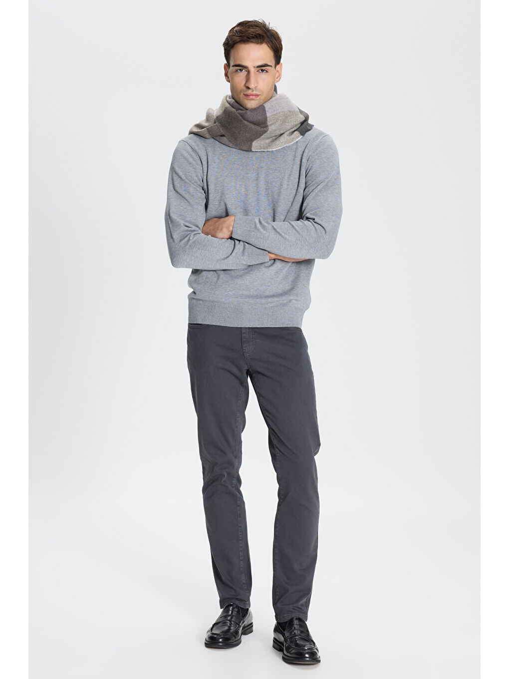 Erkek Gri Melanj Standart Fit Normal Kesim Tam Balıkçı Yaka Triko Kazak-1