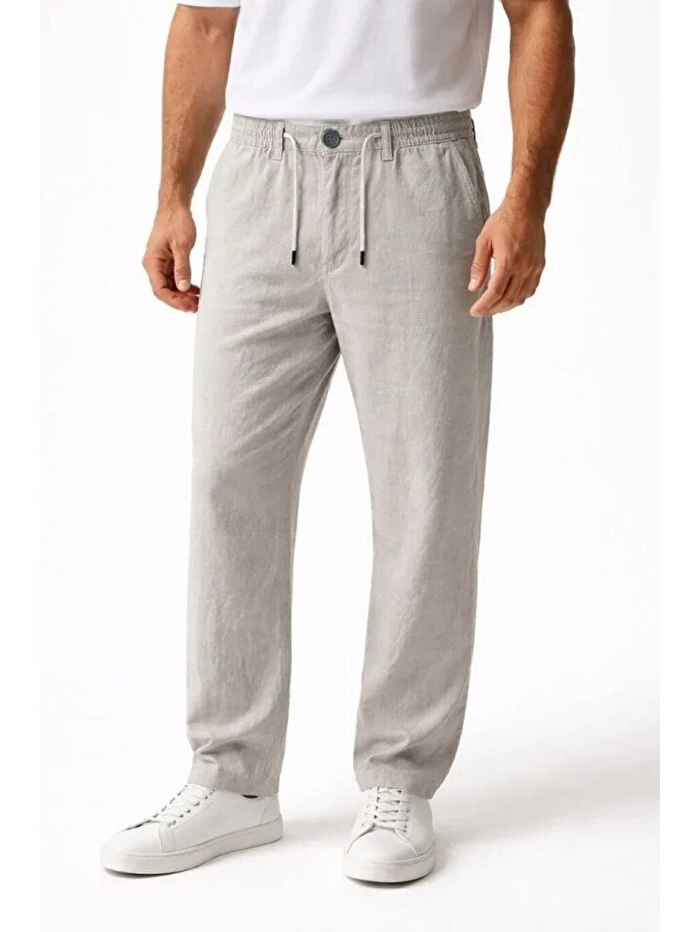 Erkek Keten Cepli Pantolon Lastikli Bel Bağcıklı Önden Fermuarlı - Gri-3