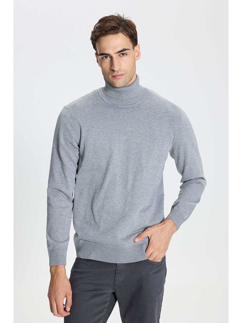 Erkek Gri Melanj Standart Fit Normal Kesim Tam Balıkçı Yaka Triko Kazak-2