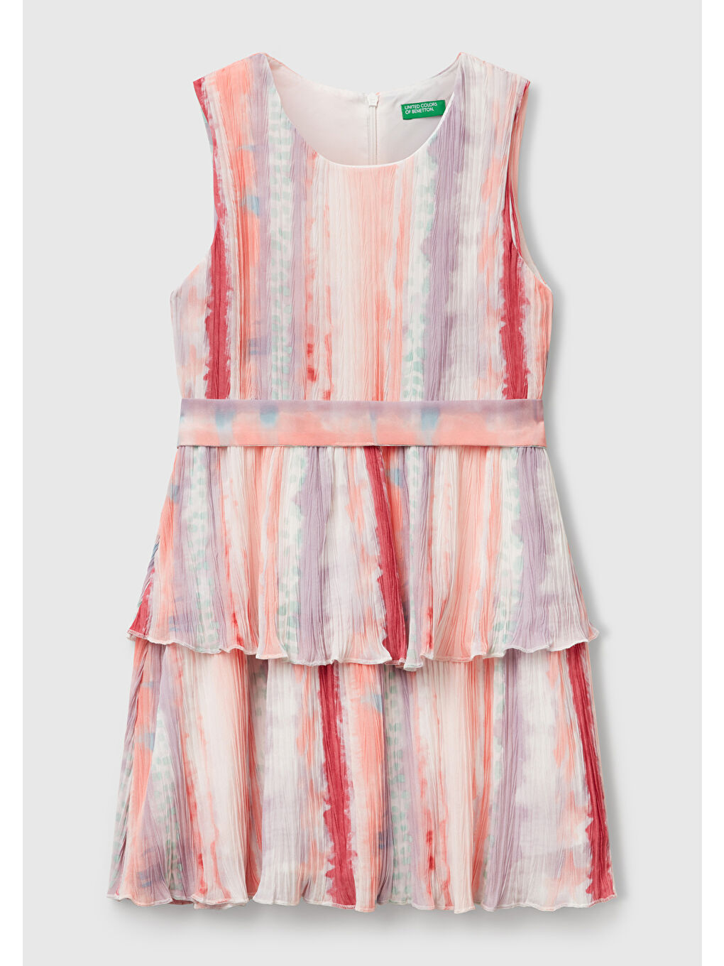 Karışık Kız Çocuk Renkli Tamamı Desenli Pileli Kuşaklı Kolsuz Katlı Elbise