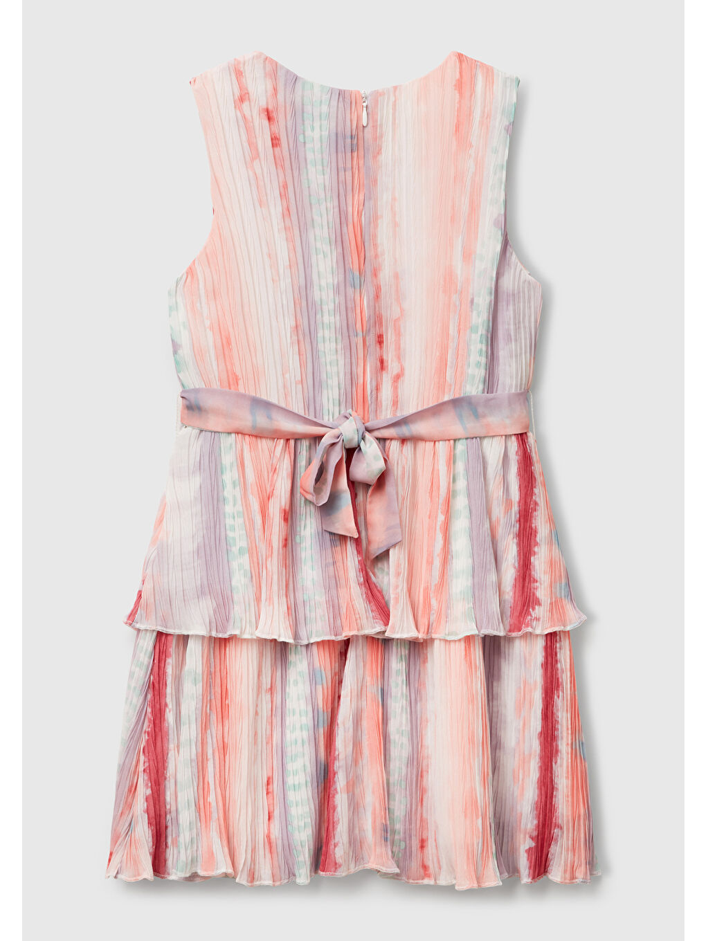 Karışık Kız Çocuk Renkli Tamamı Desenli Pileli Kuşaklı Kolsuz Katlı Elbise-1