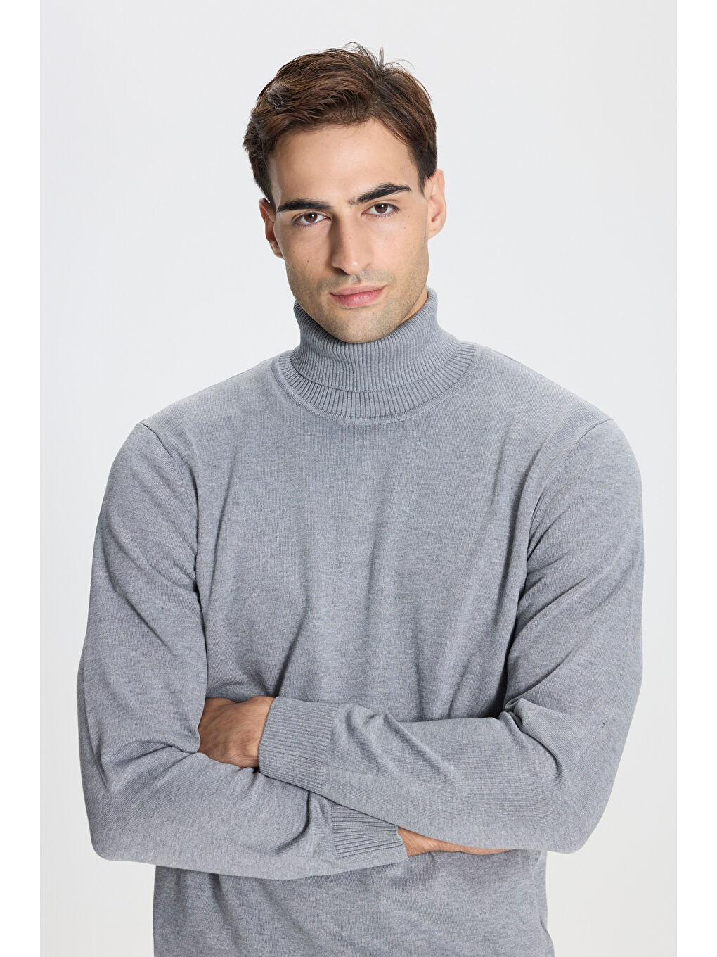 Erkek Gri Melanj Standart Fit Normal Kesim Tam Balıkçı Yaka Triko Kazak-3