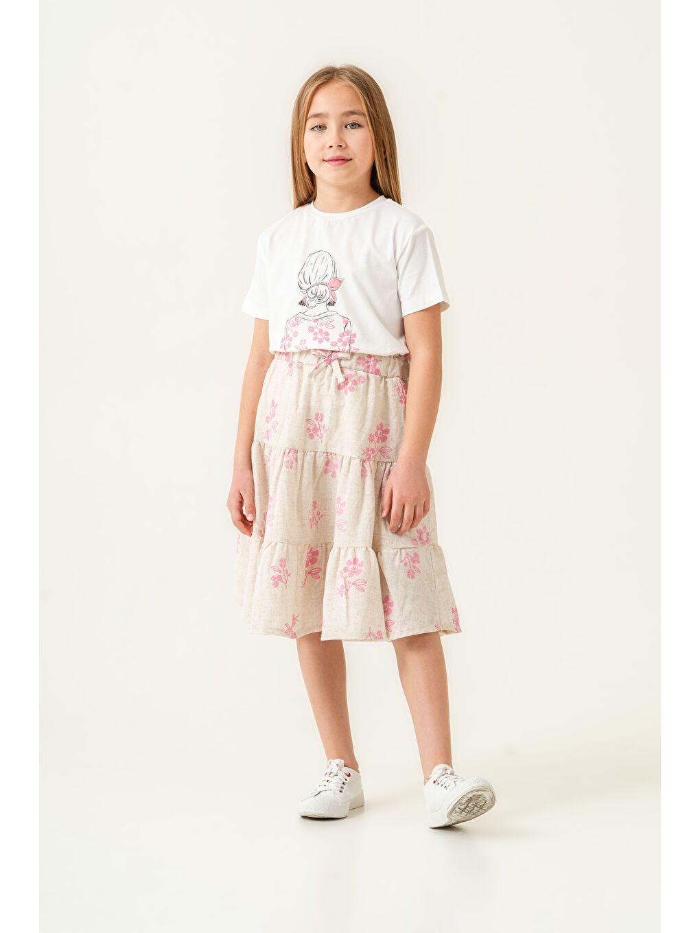 Pembe Kız Çocuk Pamuklu T-Shirt Keten Etekli Yazlık Takım 6-9 Yaş