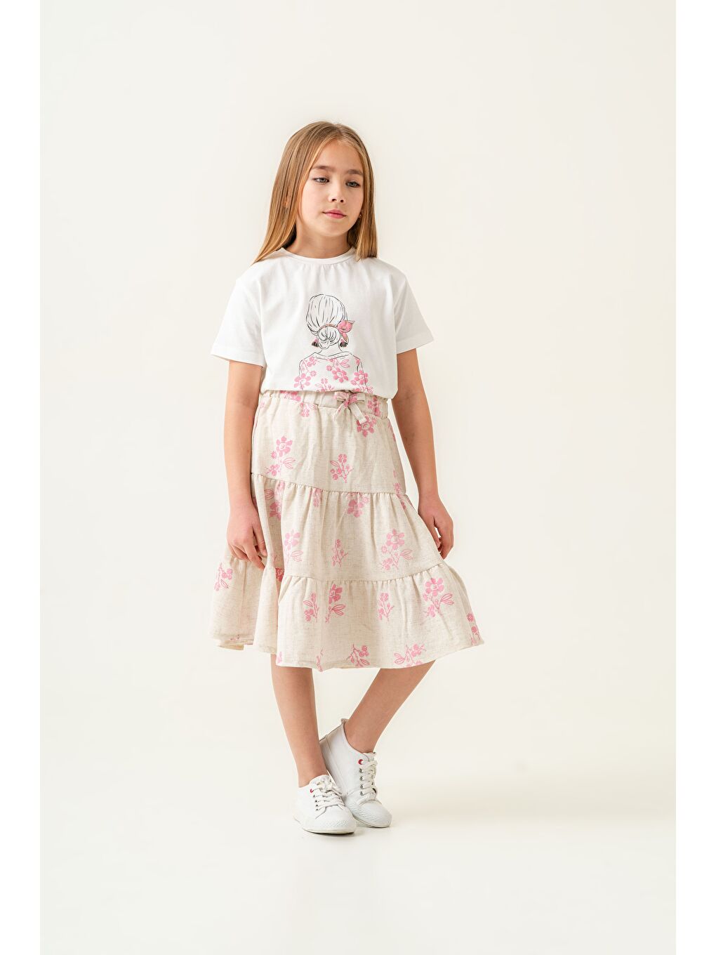 Pembe Kız Çocuk Pamuklu T-Shirt Keten Etekli Yazlık Takım 6-9 Yaş-1