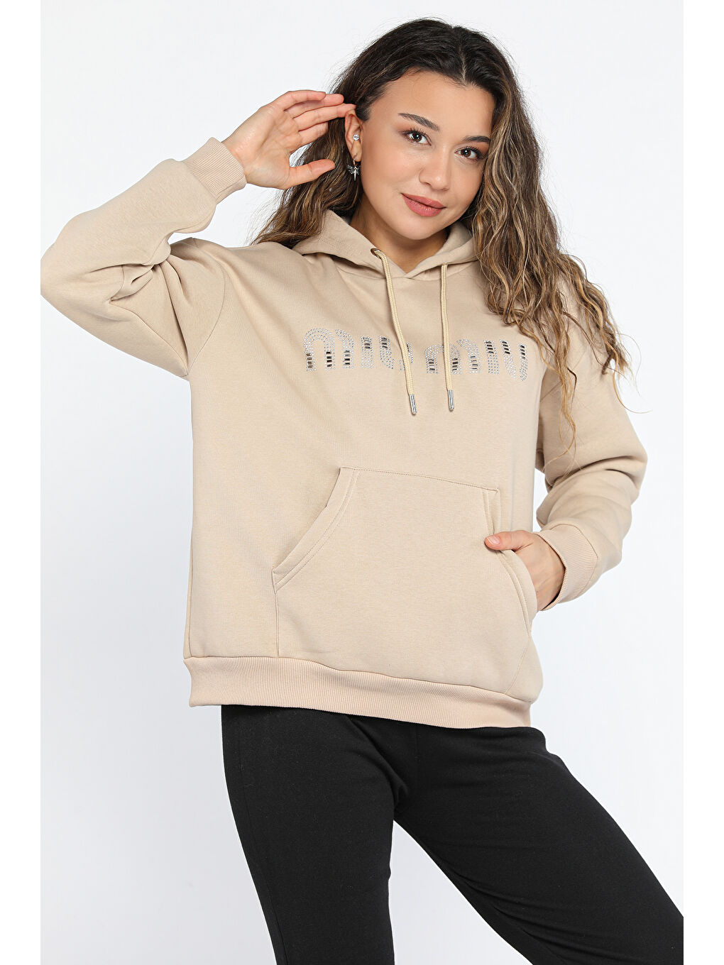 GÜLSELİ Bej Kadın Taşlı Kapüşonlu Şardonlu Sweatshirt