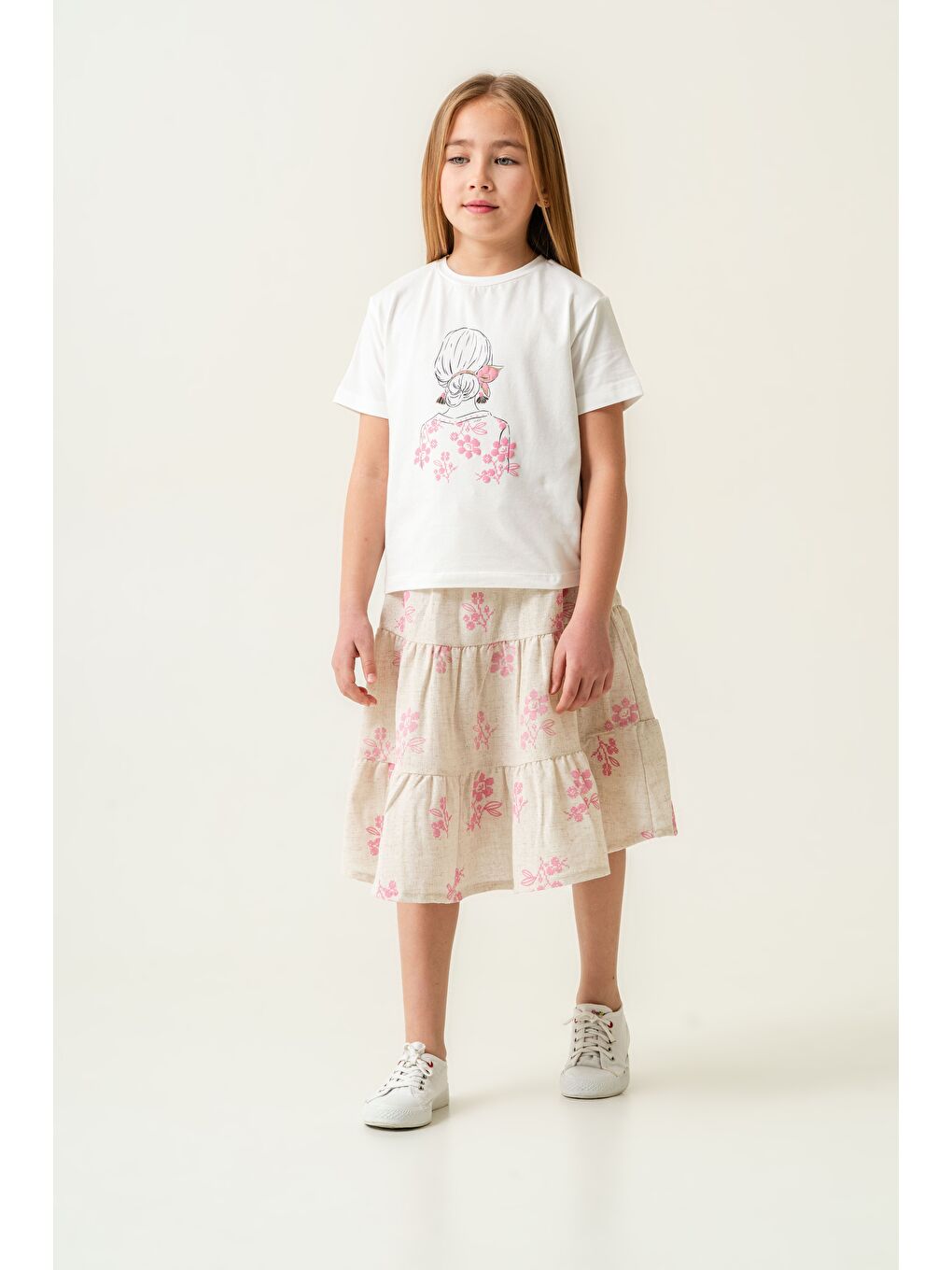 Pembe Kız Çocuk Pamuklu T-Shirt Keten Etekli Yazlık Takım 6-9 Yaş-5