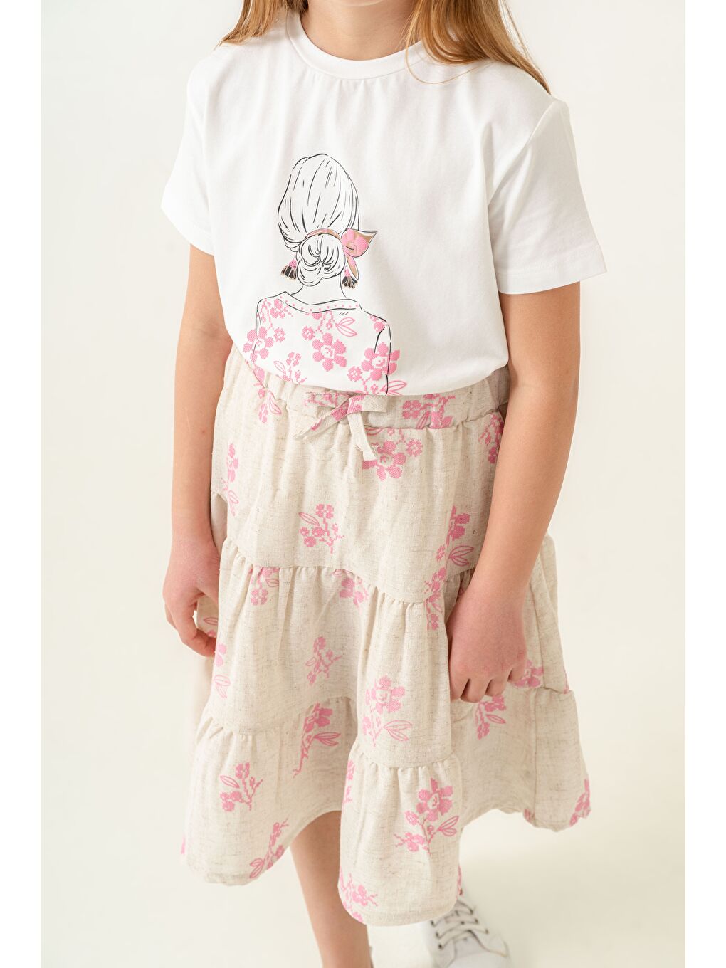 Pembe Kız Çocuk Pamuklu T-Shirt Keten Etekli Yazlık Takım 6-9 Yaş-6