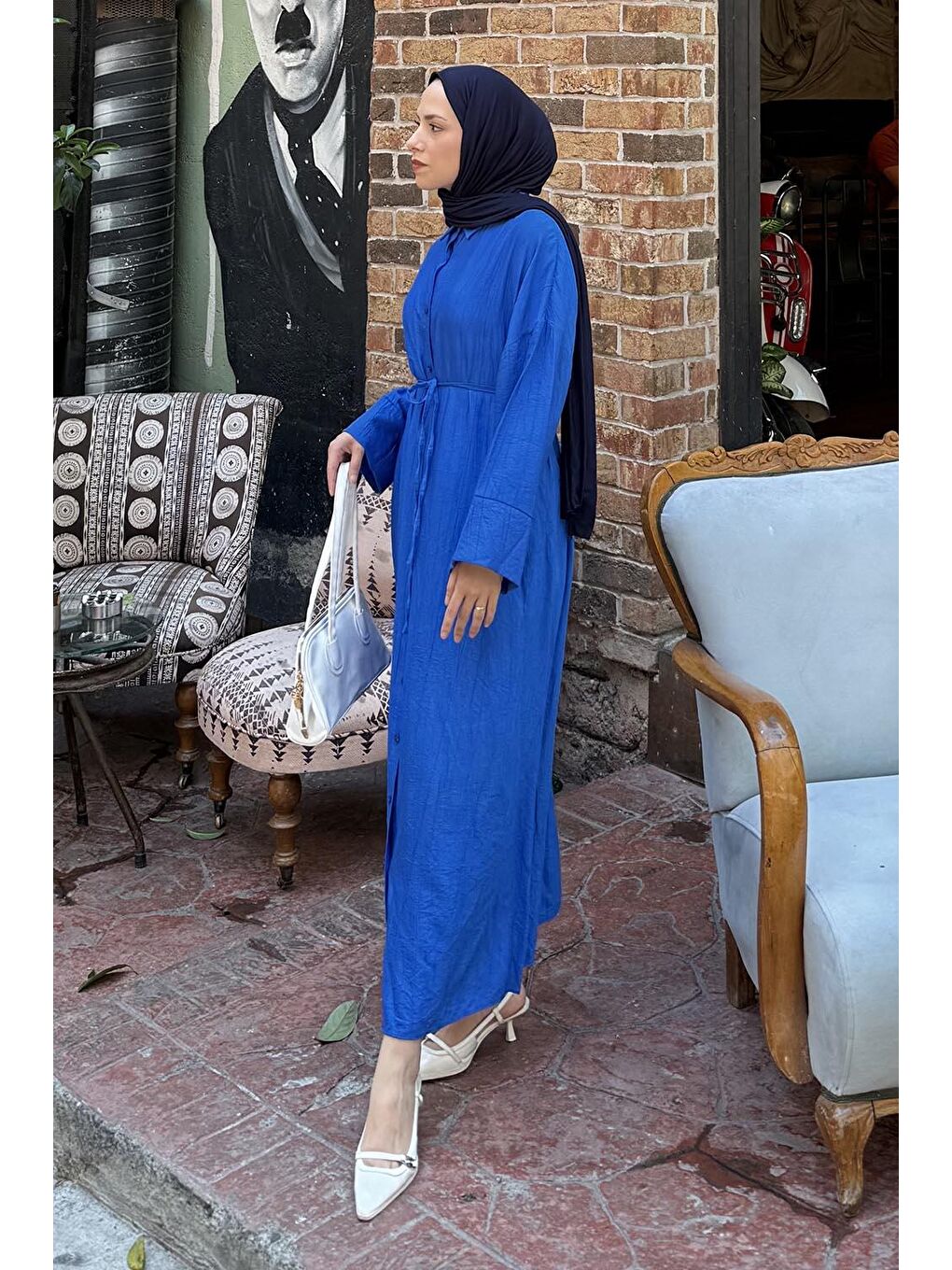 Pat Detaylı Elbise Saks Mavisi-1