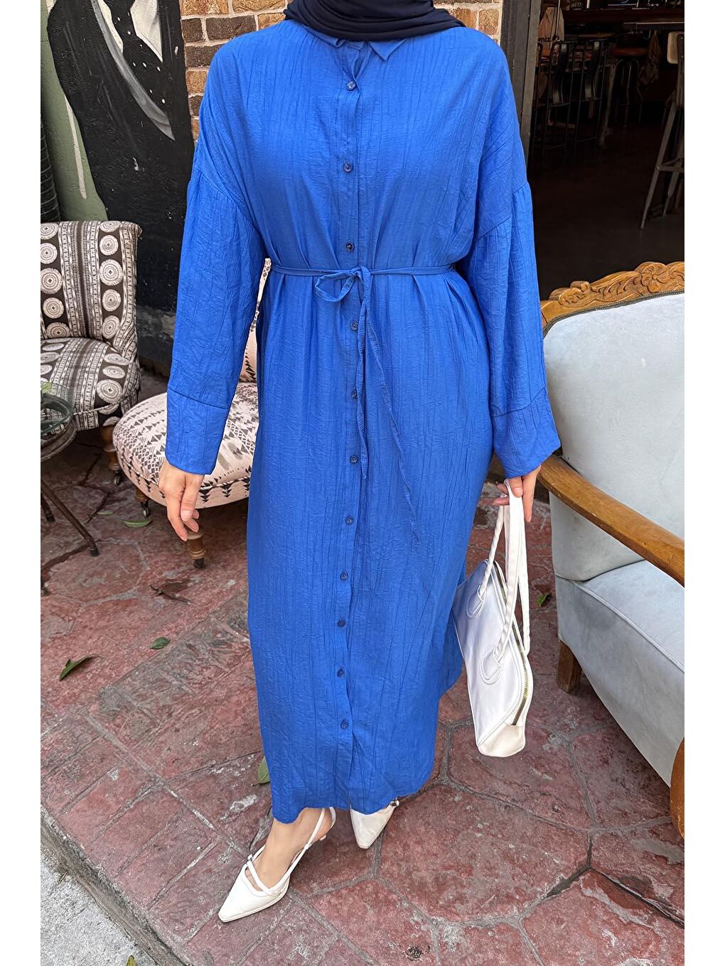 Pat Detaylı Elbise Saks Mavisi-2