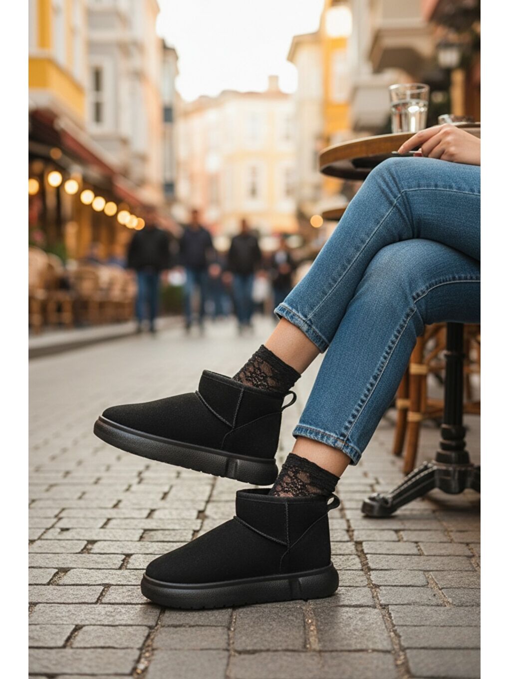 Siyah TAZZY Kadın Kalın Taban İçi Tüylü Günlük Mini Yarım Bot-2