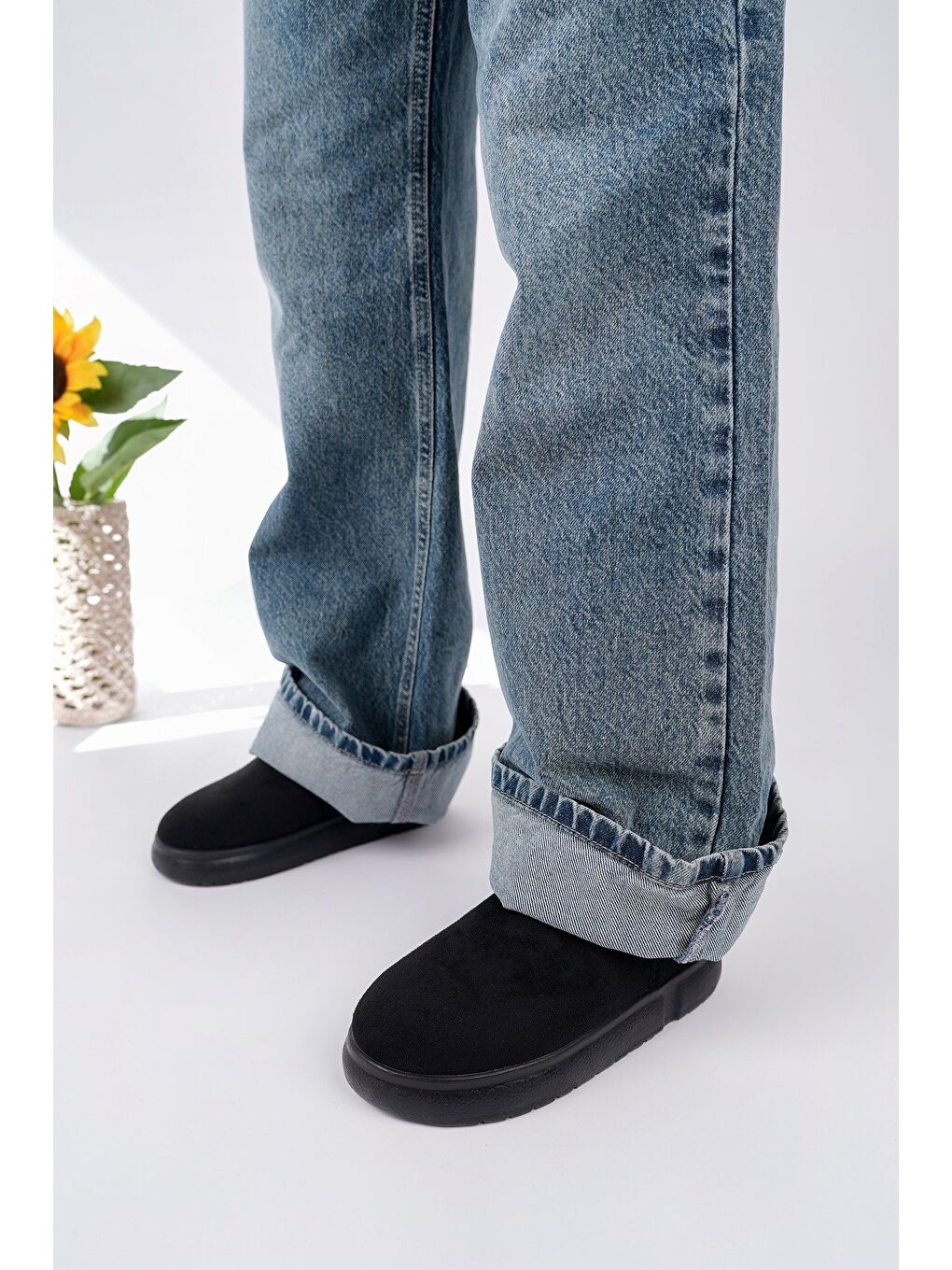 Siyah TAZZY Kadın Kalın Taban İçi Tüylü Günlük Mini Yarım Bot-4