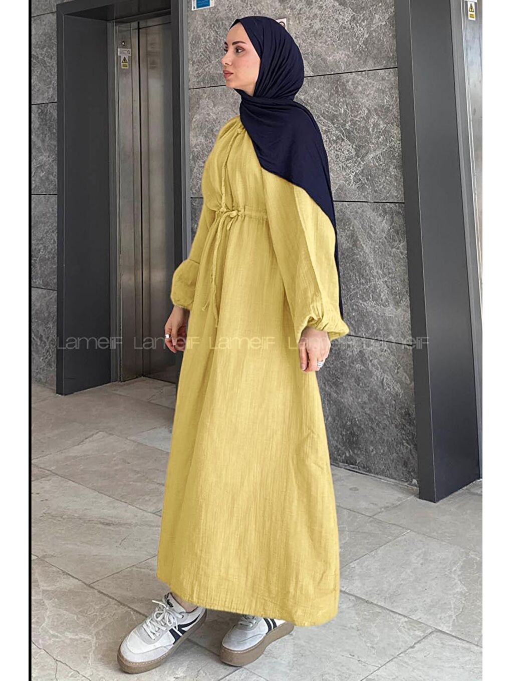 Balon Kol Bağlamalı Tesettür Elbise Sarı