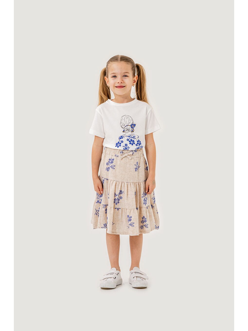 Gri Kız Çocuk Pamuklu T-Shirt Keten Etekli Yazlık Takım 6-9 Yaş