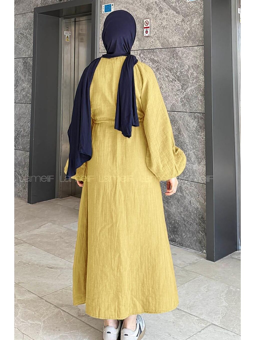 Balon Kol Bağlamalı Tesettür Elbise Sarı-1