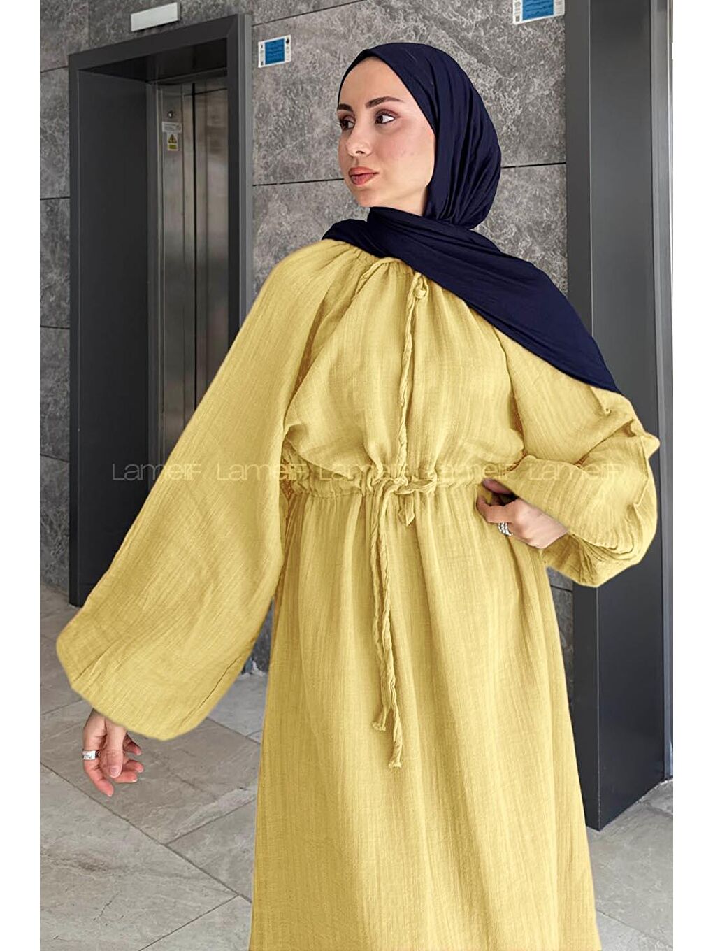 Balon Kol Bağlamalı Tesettür Elbise Sarı-2