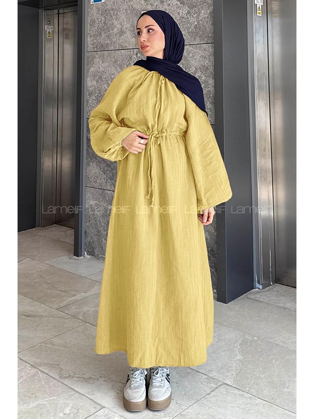 Balon Kol Bağlamalı Tesettür Elbise Sarı-3