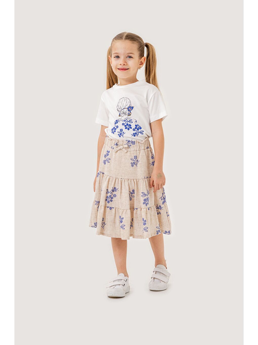 Gri Kız Çocuk Pamuklu T-Shirt Keten Etekli Yazlık Takım 6-9 Yaş-5