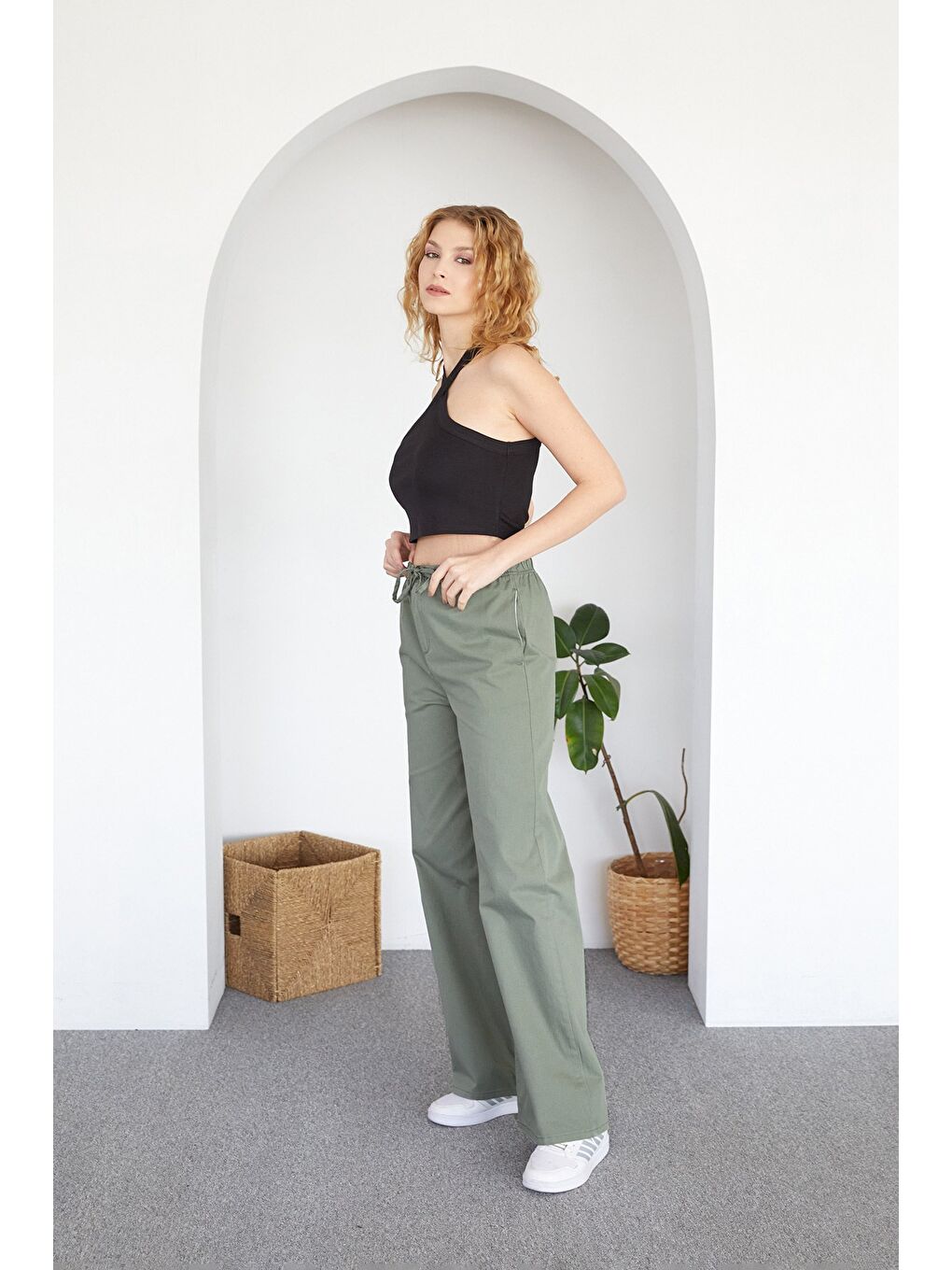 Haki Beli Lastikli Cepli Gabardin Palazzo Pantolon